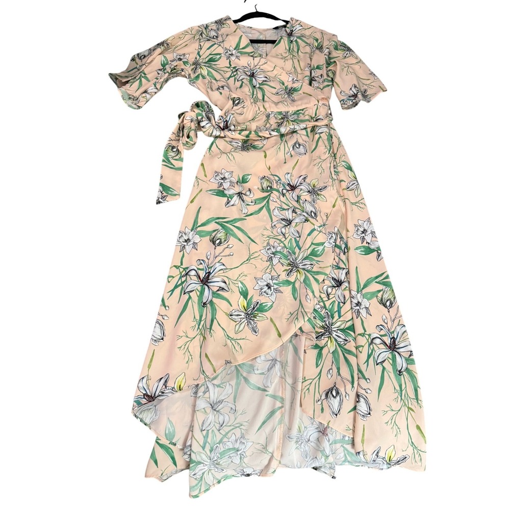 Betabrand Floral Wrap Dress Peach Pink Lily Print High Low Midi Flutter Sleeve M